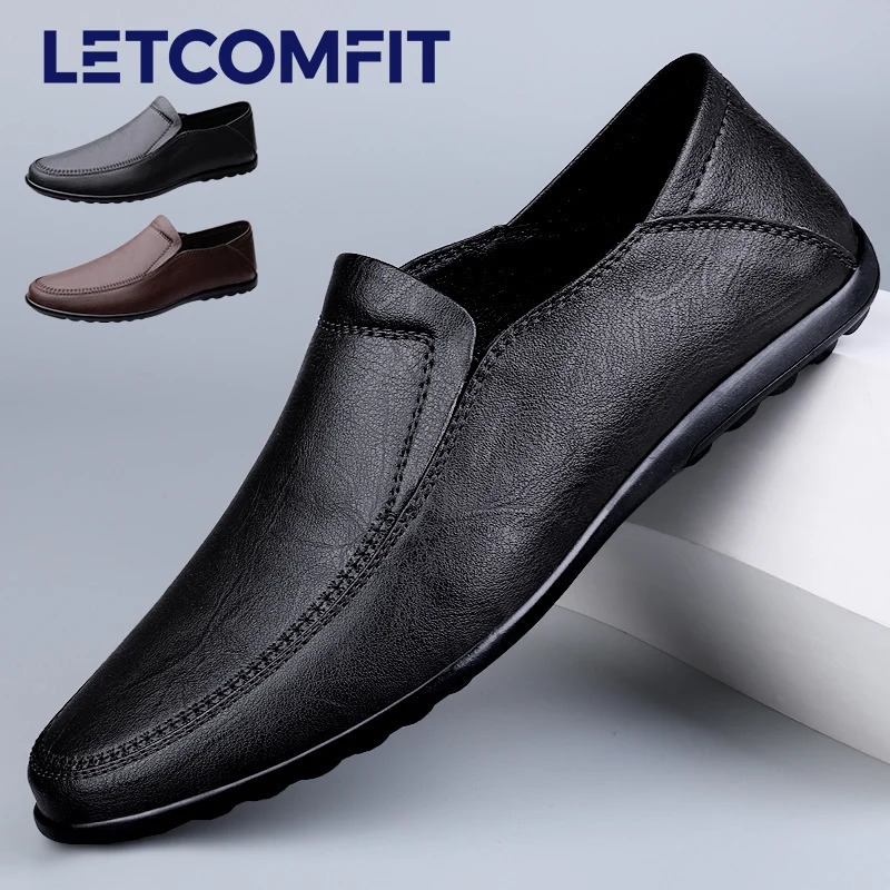 LETCOMFIT Genuine Leather Men Shoes Casual Formal Mens Loafers Breathable Slip on Low Top Middle Aged Males Work Footwear 251013