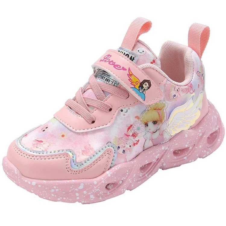 Girls LightUp Elsa Sneakers Spring 2025 Breathable Mesh Leather Sports Shoes Versatile School Play WearT251017