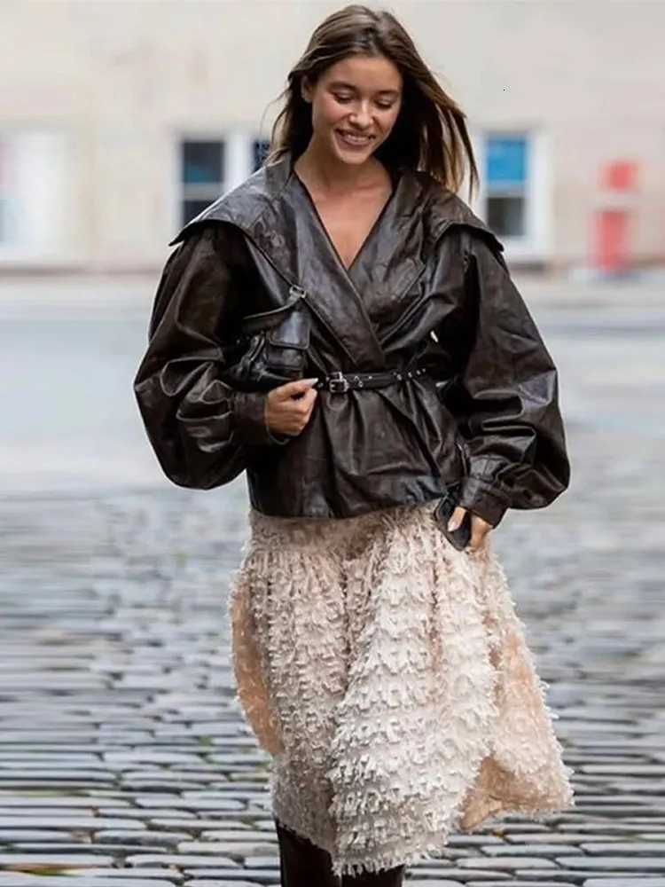 Retro PU Leather Lantern Sleeve Jacket Women Casual Loose Lapel Brown Jackets With Belt 2025 Autumn Classic Chic Street OutwearT251017