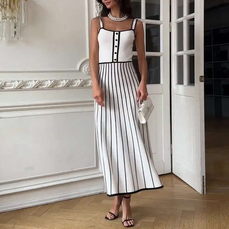 Strappy Striped Patchwork Knitted New Fashion Color-Block Backless French Mid-Length Dress B5