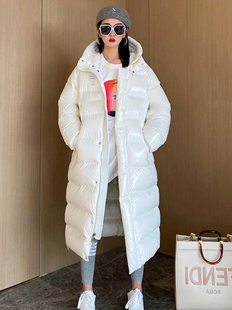 Womens Winter Hooded Glossy Long Sleeve Hooded Long White Duck Down Coat Lady Thick Warm Down Outwear W251016