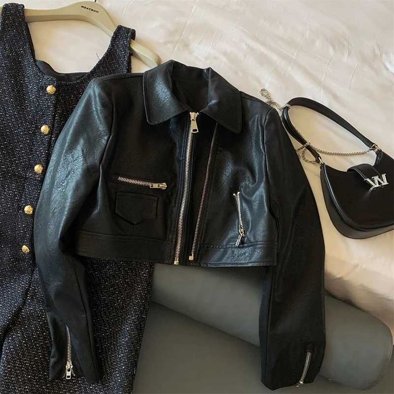 MEXZT Vintage Cropped Pu Leather Jacket Women Streetwear Black Motorcycle Coat Fall Winter Long Sleeve Zipper Chic Outerwear NewT251017