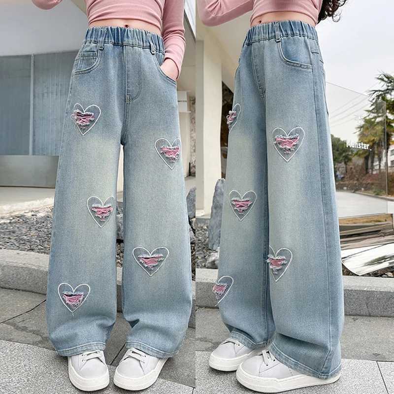 Teen Girls Denim Pants Spring Autumn New Heart Print Hole Wide Leg Pants For 5 6 8 10 12 14 Years Girls Stylish TrousersT251017