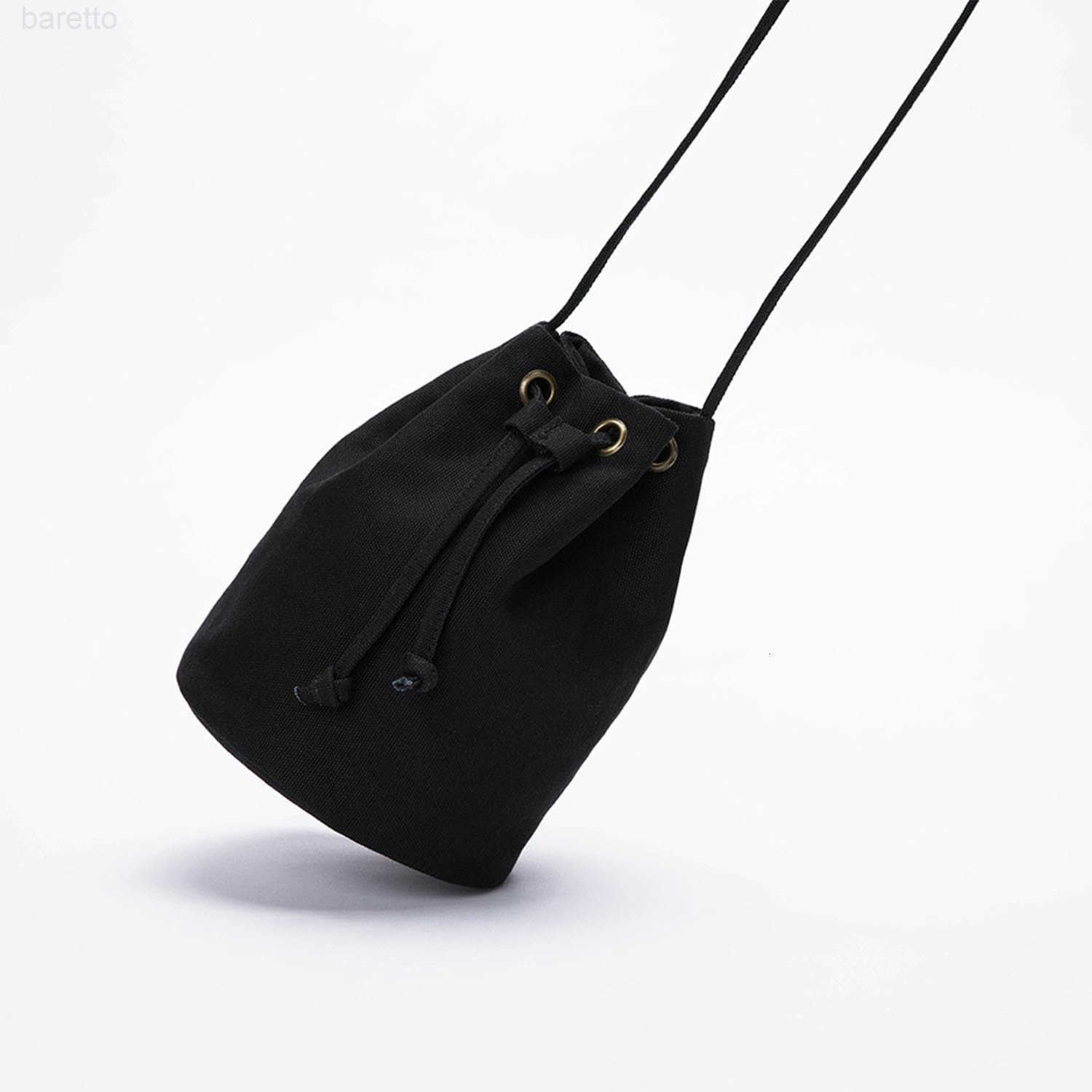 Black Drawstring Crossbody Bag Nylon Fabric Large Capacity Organizer Bag with Gold Tone Hardware Z251017