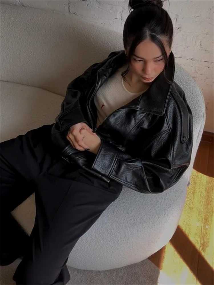 Chic Stand Collar Cropped Leather Jacket Coat Oversized Zipup Short Outerwear Autumn High Street Stylish Womens Fashion OutfitT251017