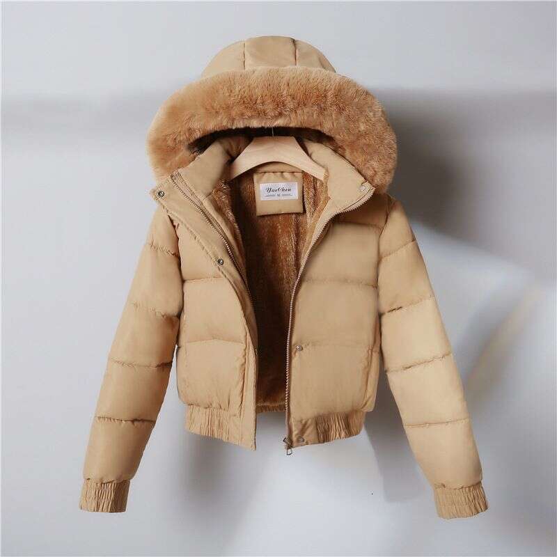 Women's Short Puffer Jacket With Hood & Faux Fur Trim - Warm Fleece-Lined Winter Coat For Petite, Casual Outerwear In Black/Beige/Khaki/Brown