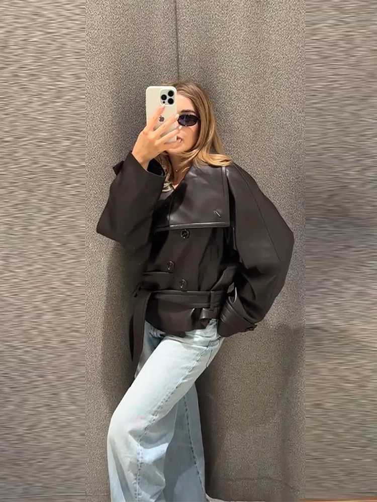 Pu Leather Women Jacket Solid Long Sleeve Lapel Double Breasted Street Female Coat 2025 Autumn Winter Casual Lady OutwearT251017