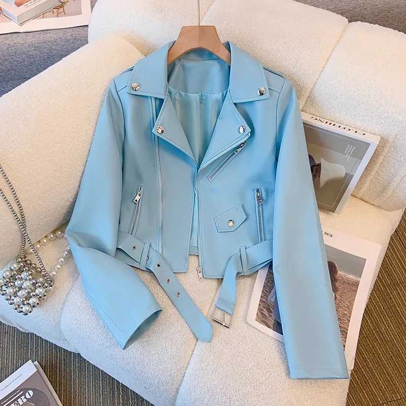Black White Sky Blue Faux Pu Leather Jacket Women Slim Short Coat With Belt Lapel Long Sleeve Spring Autumn Female StreetwearT251017