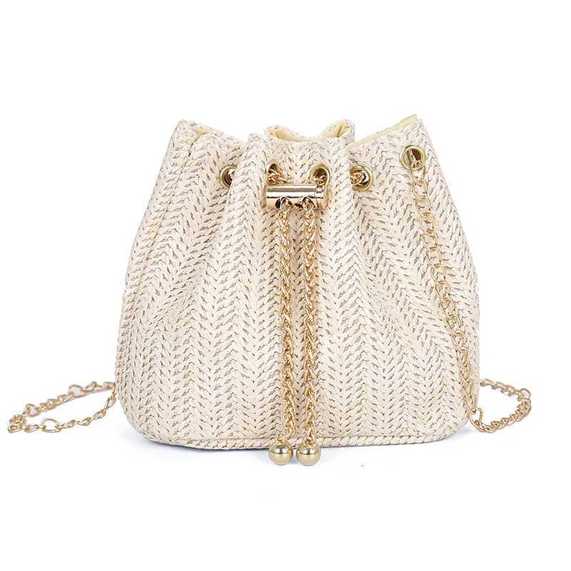 Beige Khaki Straw Weave Bucket Bag Fashion Metal Gold Color Chain Shoulder Messenger Bag For Women Summer Beach Bag bolso mujer Z251017