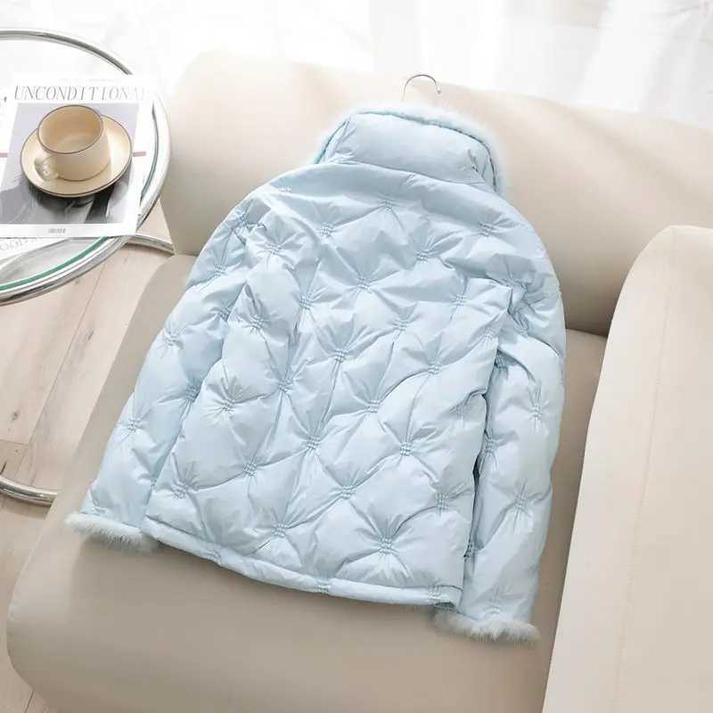 Mink Hair Embroidered Light and Thin Down Jacket for Womens Short Standing Collar Large Pocket Jacket Autumnwinter New Lingge W251016