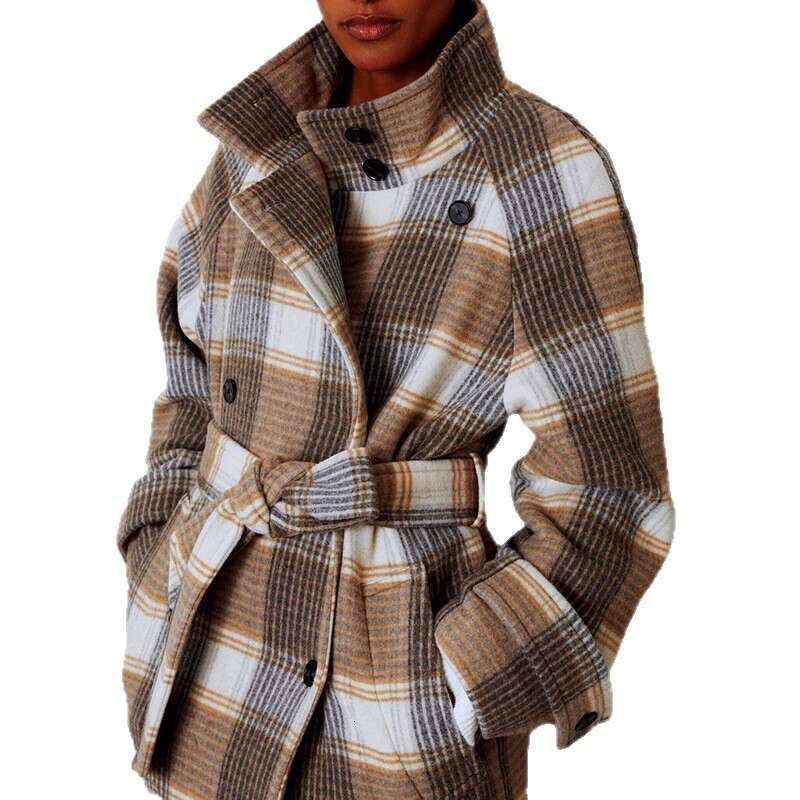 Color-Block Plaid Coat Autumn Winter New Women's Waist-Tied Overcoat B5