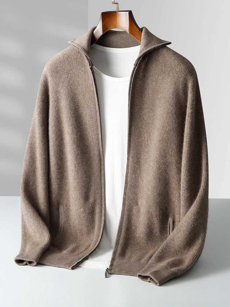 Autumn Winter 100 Merino Wool Cardigan Sweater Mens Turndown Collar Zipper Pocket Soild Smart Casual Knitwear Jackets Soft J251017