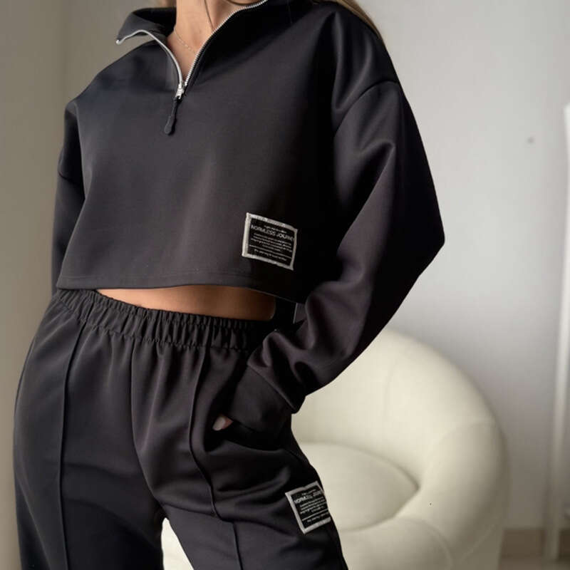 Women's Autumn And Winter New Fashion Half-Zip Solid Color Short Sweatshirt Set For Women B5