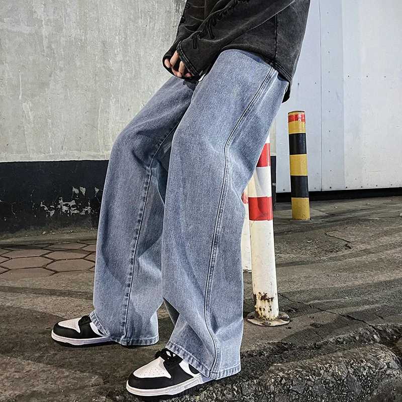 2024 New Streetwear Loose Jeans Men Korean Style Fashion Loose Straight Wide Leg Pants Mens Brand Clothing Black Light Blue1 Y251105