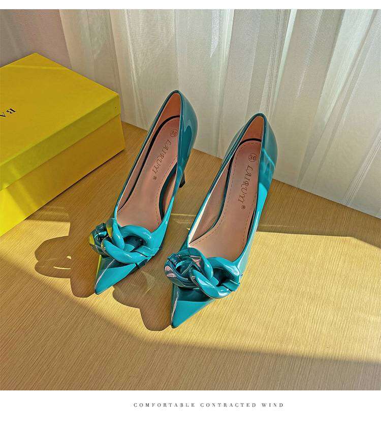 Plus Size Women Shoes Leather Fashion Chain Pointed Toe Shallow Mouth All-Match High Heel Shoes