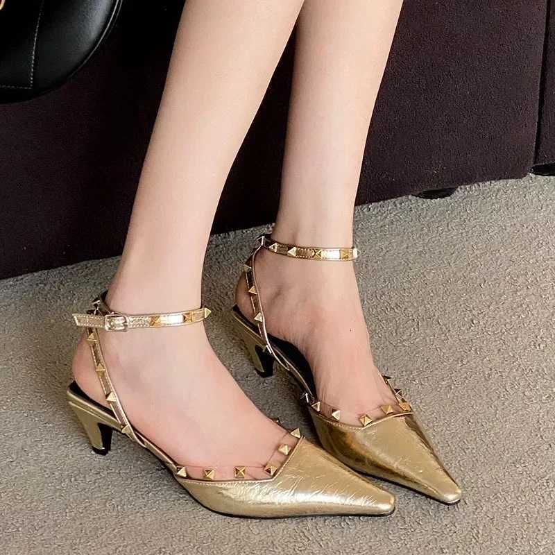 Gold Silver Rivet Designer High Heels Women Sexy Pointed Toe Leather Pattern Women Pumps Slingbacks Heeled Sandals Party Shoes Z251015