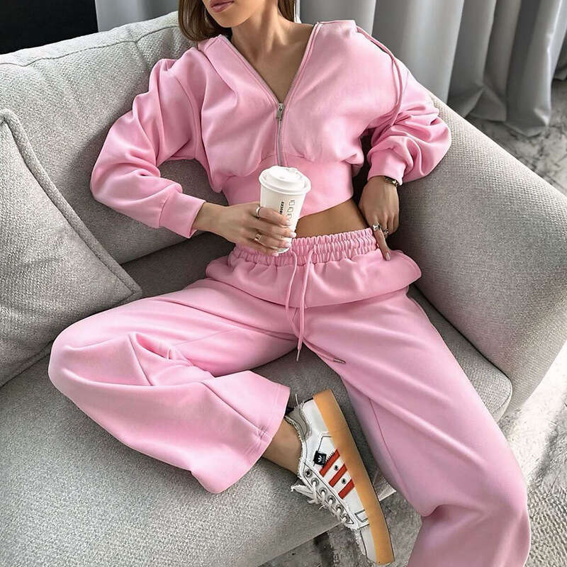 Autumn New Casual Women's Long Sleeve Zipper Hooded Sweatshirt Solid Color Drawstring Pants Two-Piece Set B5