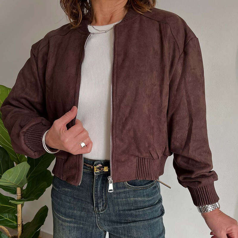New Autumn Winter Fashion Versatile Suede Solid Color Zipper Jacket Women's Commuter Coat B5