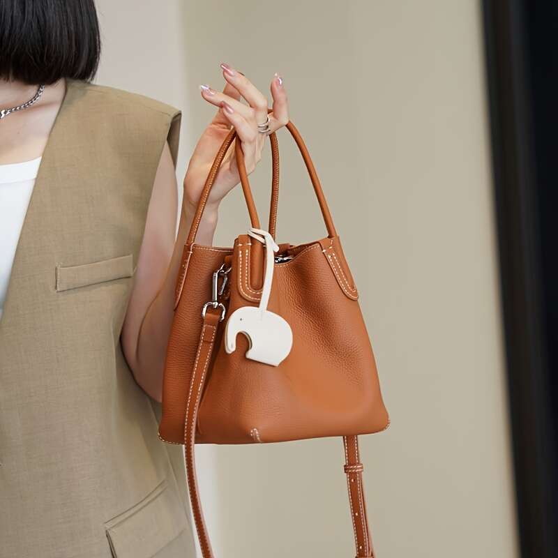 Women's Genuine Leather Top Layer Cowhide Bucket Convertible Handbag Crossbody Bag With Detachable Strap, Elegant Simple Design, Snap Closure, Su