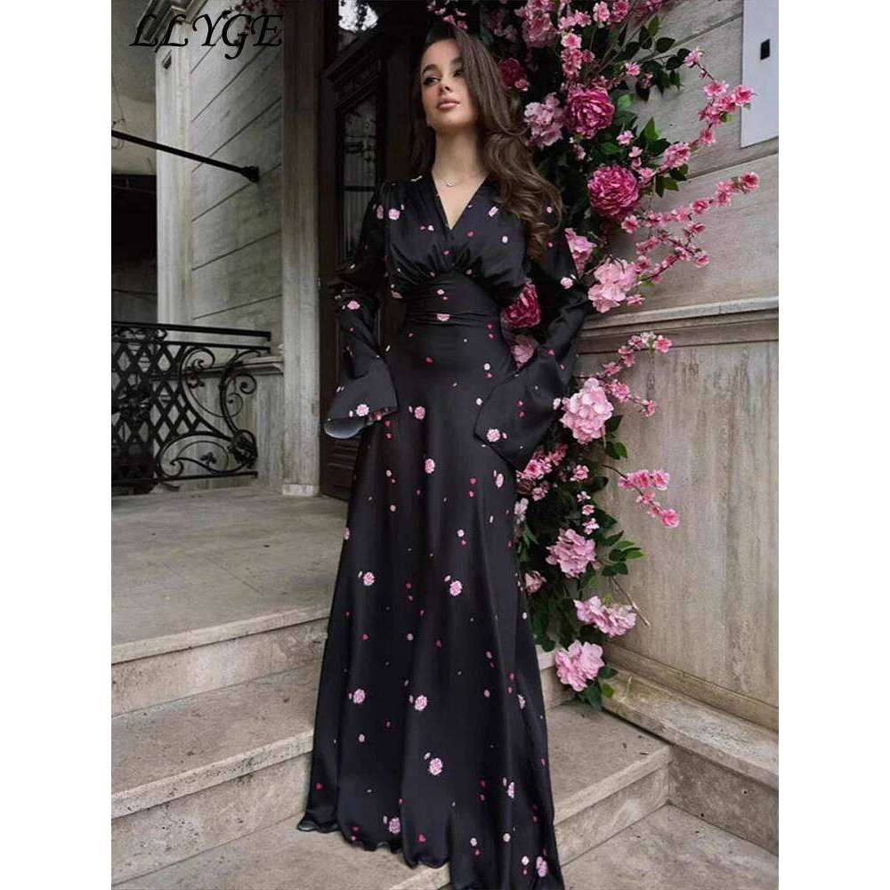 Elegant Printed Satin Long Dress Women Slim Lace Up V-neck Full Sleeve Pleat Dresses 2025 Autumn Lady Party Evening Robes New