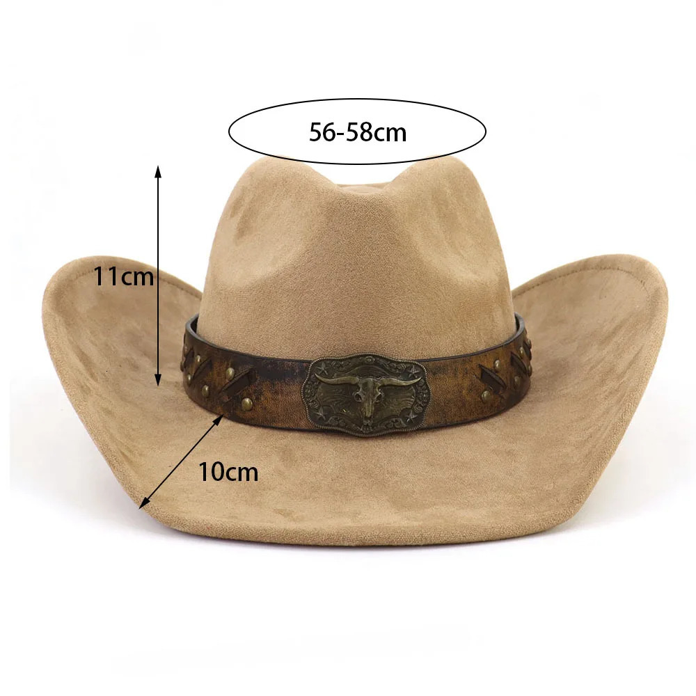 Western Big Brim Cowboy Hat Bulls Head Leather Band Suede Top Hat Outdoor Mens Hats Ladies Party Horse Riding Cowgirl Hat 251015