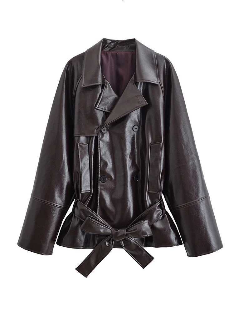 Fashion Womens Faux Leather Jacket Turndown Collar Double Breasted Belt Coats 2025 Autumn New Ladies Casual Street OutwearT251017