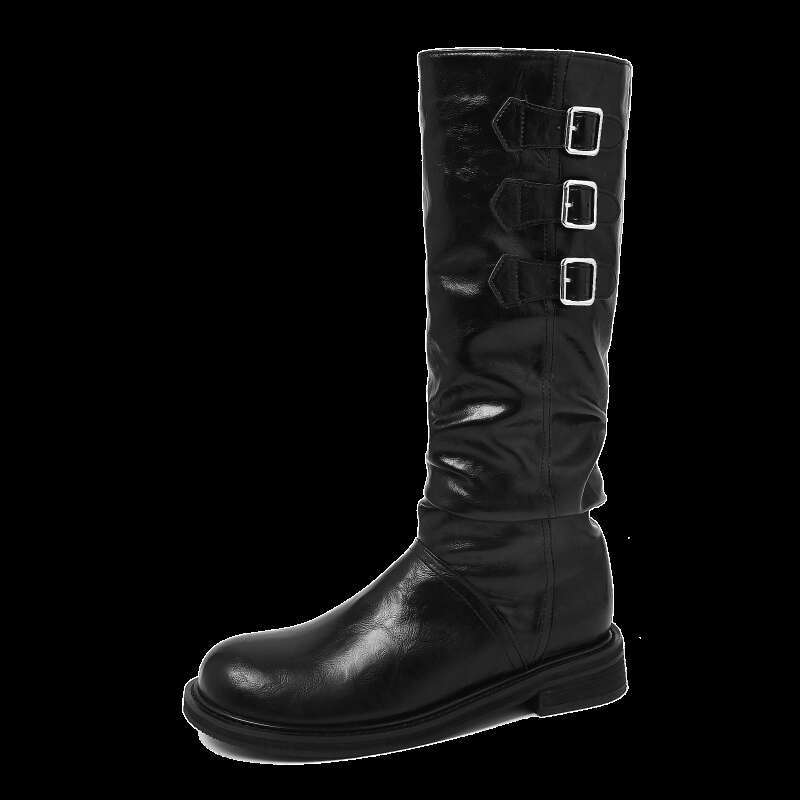 Cameido Women Fashion Pleated Stackable High - Heel With Belt Buckle Retro Knight Boots