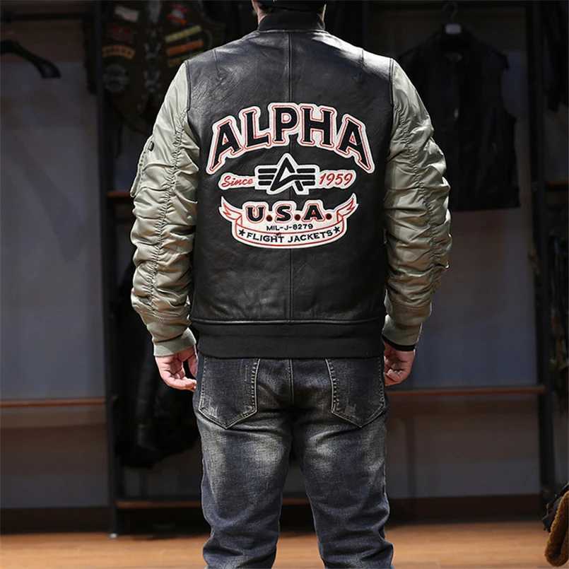 Top Quality Sheepskin MA1 Flight Jacket for Men Vintage Baseball Brand Motorcycle Biker Large Size Genuine Leather Coat J251017