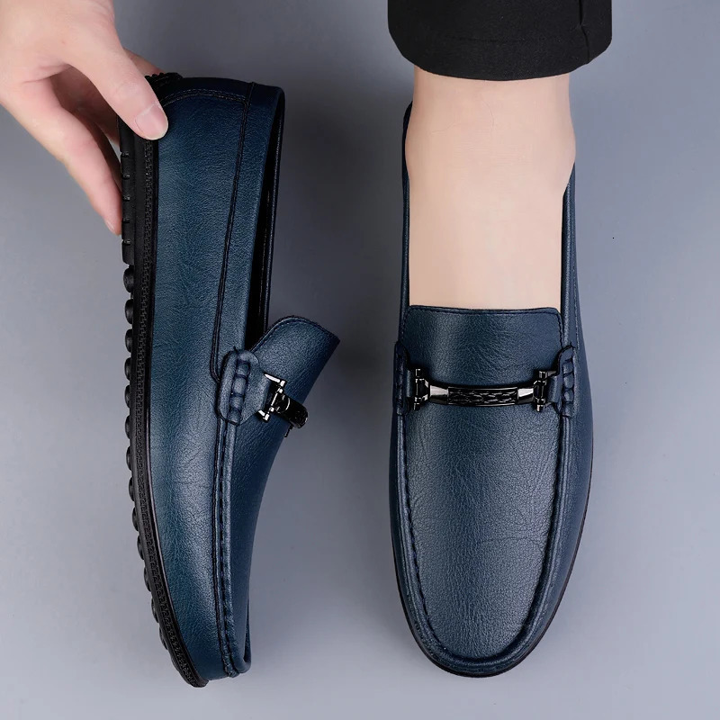 Metal Buckle Blue Loafers Genuine Leather Mens Slip on Shoes Comfortable Men Casual Shoes Male Driving Footwear Breathable Mens 251013