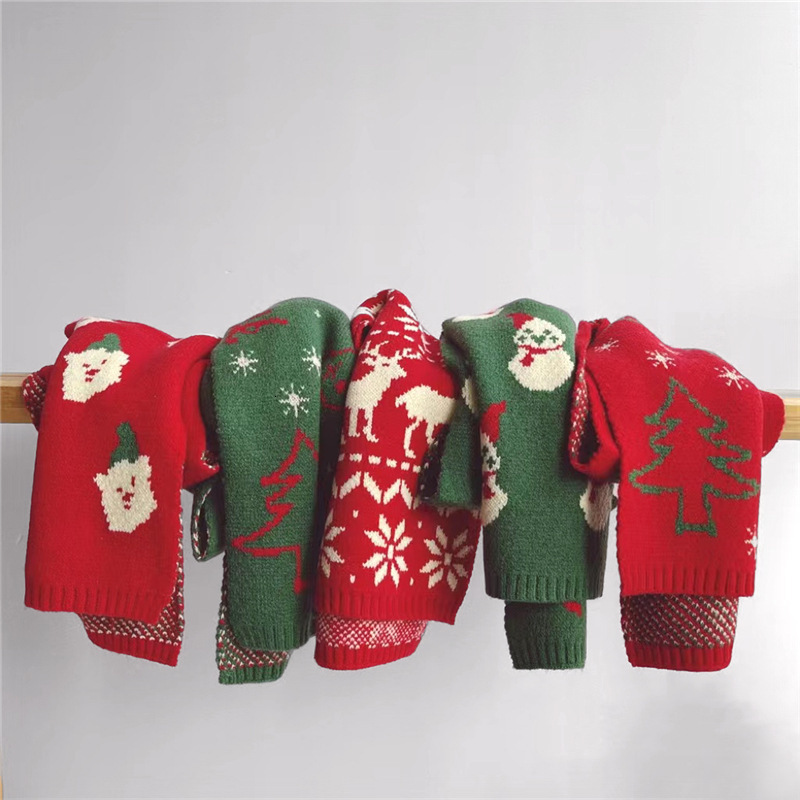 Korean Children's Autumn Winter Scarf New Style Knitted Neck Warmer Boys and Girls Christmas Jacquard Red