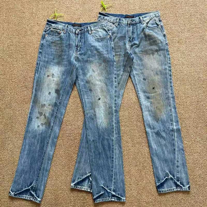 Stain Undercover Embroidery Patch Jeans Classic Multi Pockets Men Women Washed Distressed Straight Casual Micro Flared Pants T251016