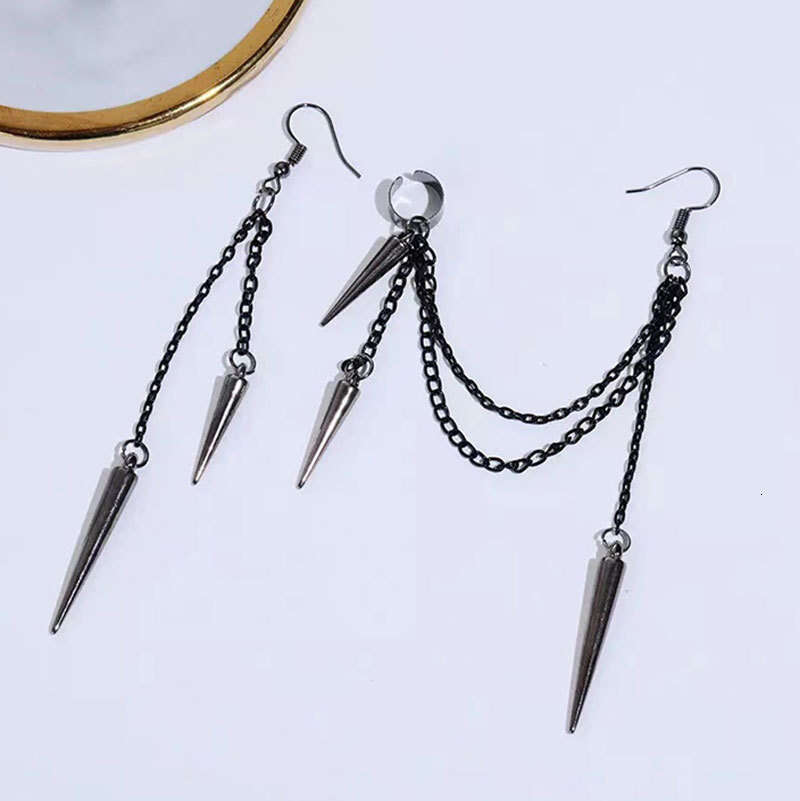 Long and Short Rivet Earrings Ear Clips Heart-shaped Gothic Punk Tassel Personality Trend