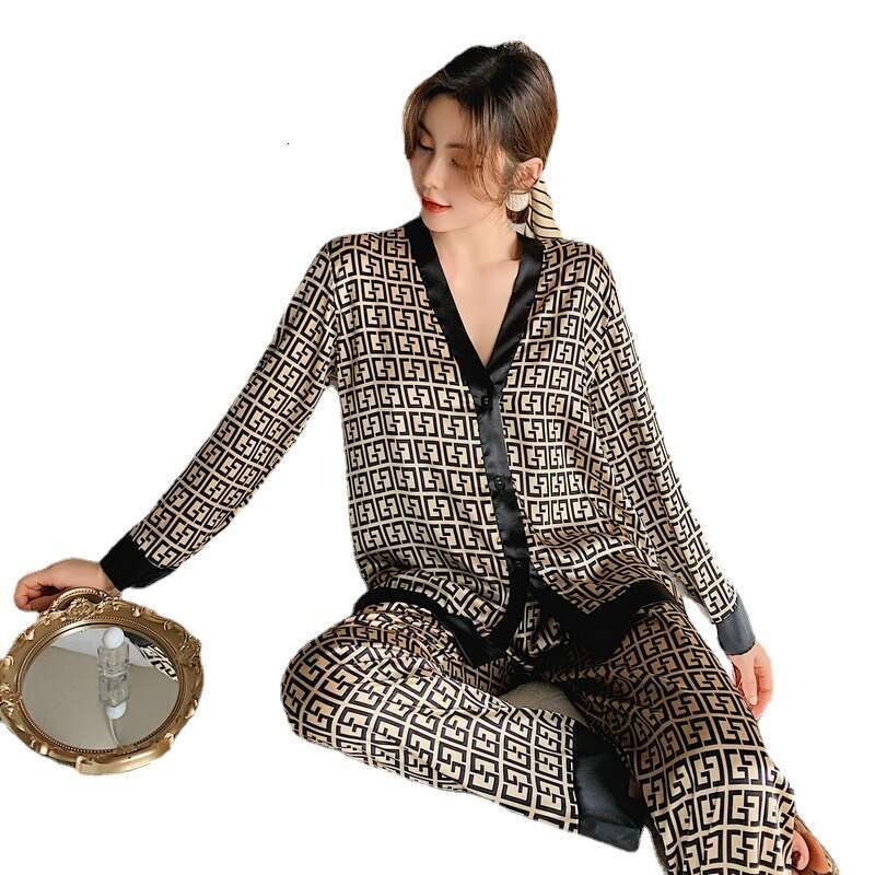 Fashion Printed Cardigan Ice Silk Sleeve Long Pants Women's Casual Wearable Two-Piece Homewear Set Pajamas