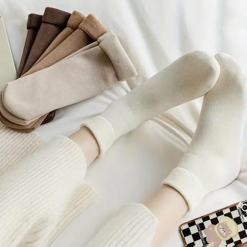 5 Pairs Snow Socks For Women Autumn Winter Socks With Fuzzy Thickened Warm Sleeping Floor Stockings Womens Solid Color Socks 251017