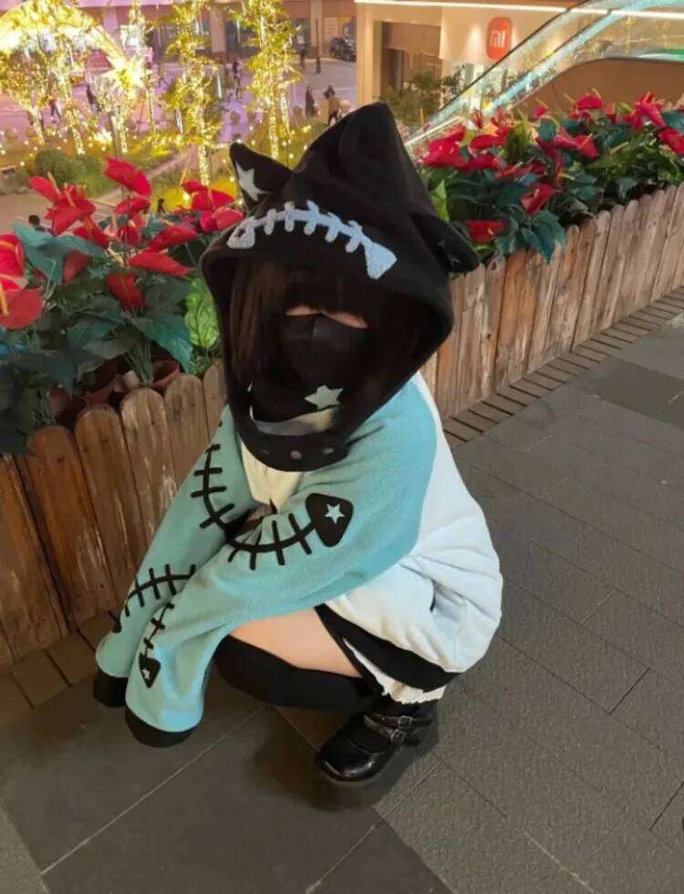 Contrast Color Kawaii Fish Bone Hoodies Women Vintage Y2k Aesthetic Oversized Streetwear Hoody Grunge Zipper Sweatshirt