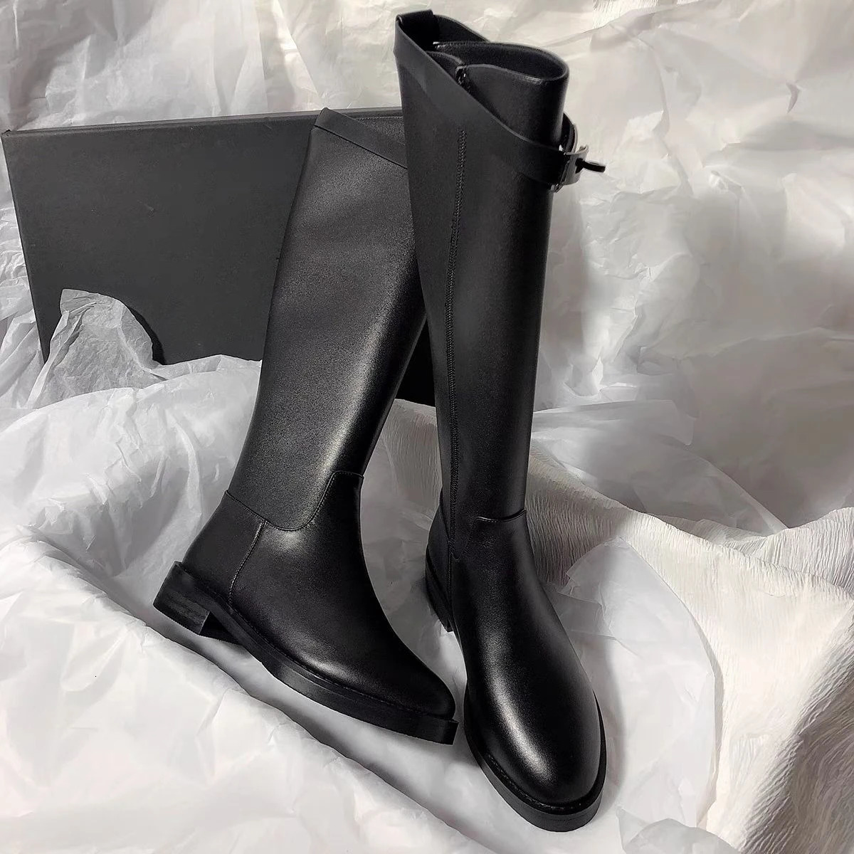 Black Elegant with Low Heels Round Toe Ladies Knee High Shaft Shoes Autumn Winter FleeceLined Gothic Leather Womens Long Boots 251015