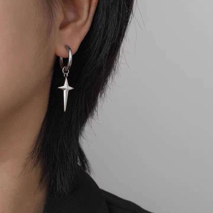 Niche Design Titanium Steel Three-Dimensional Cross Star Couple Simple High-End Feel Men's Clips Earrings Ear Jewelry