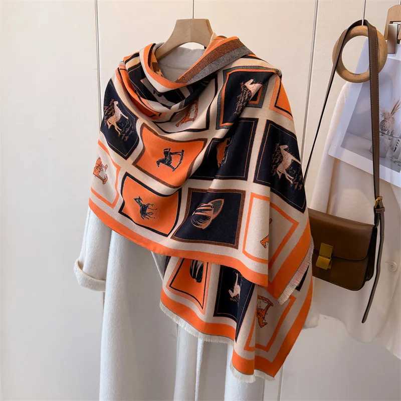 New Horse Print Winter Scarf Women Imitation Cashmere Warm Foulard Lady Scarves Female Thick Soft Shawls Wraps Blanket C251017