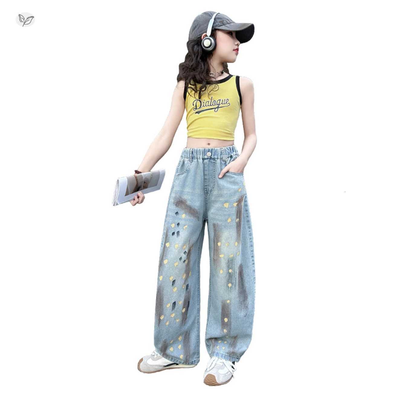 Girls Cartoon Print Stretchy Ripped Jeans High Street Fashion Elastic Waist Denim Pants Age 514YT251017