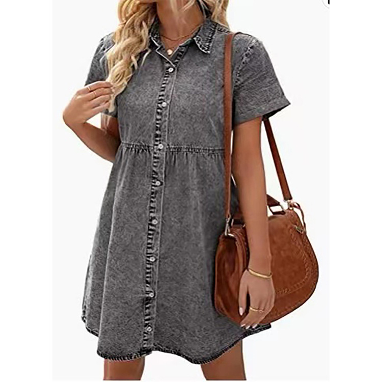 G1017Hot selling European and American washed denim lapel loose sweet ruffle dress short skirt