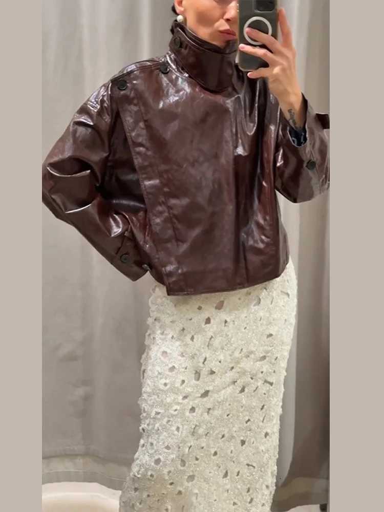 Retro PU Leather Short Jacket Women New Design Stand Collar Slash Button Jackets Female 2025 Autumn Classic Chic Street OutwearT251017