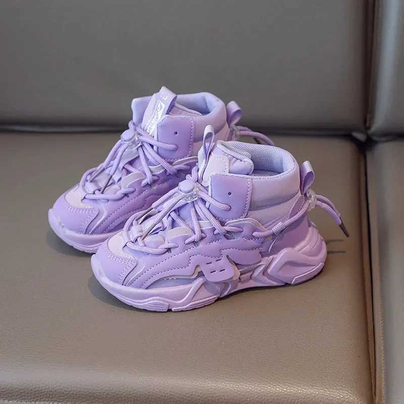 Kids High Top Sneakers Girls Boys Lace Up Shoes 2024 Autumn Childrens Pu Leather Casual Sport Walk Running Trainers Pink 2636T251017