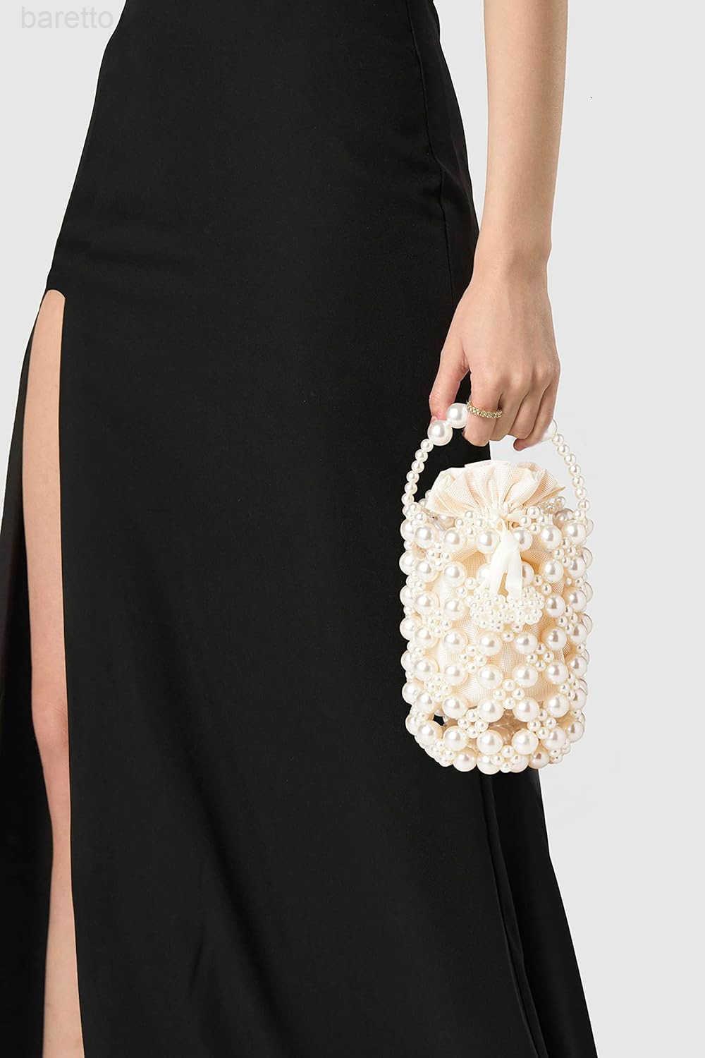 Womens White Pearl CluTCh Purse Bucket Beaded Bridal Evening Handbag Formal Reticulated Bag with Inner Bag for Party Wedding Z251017