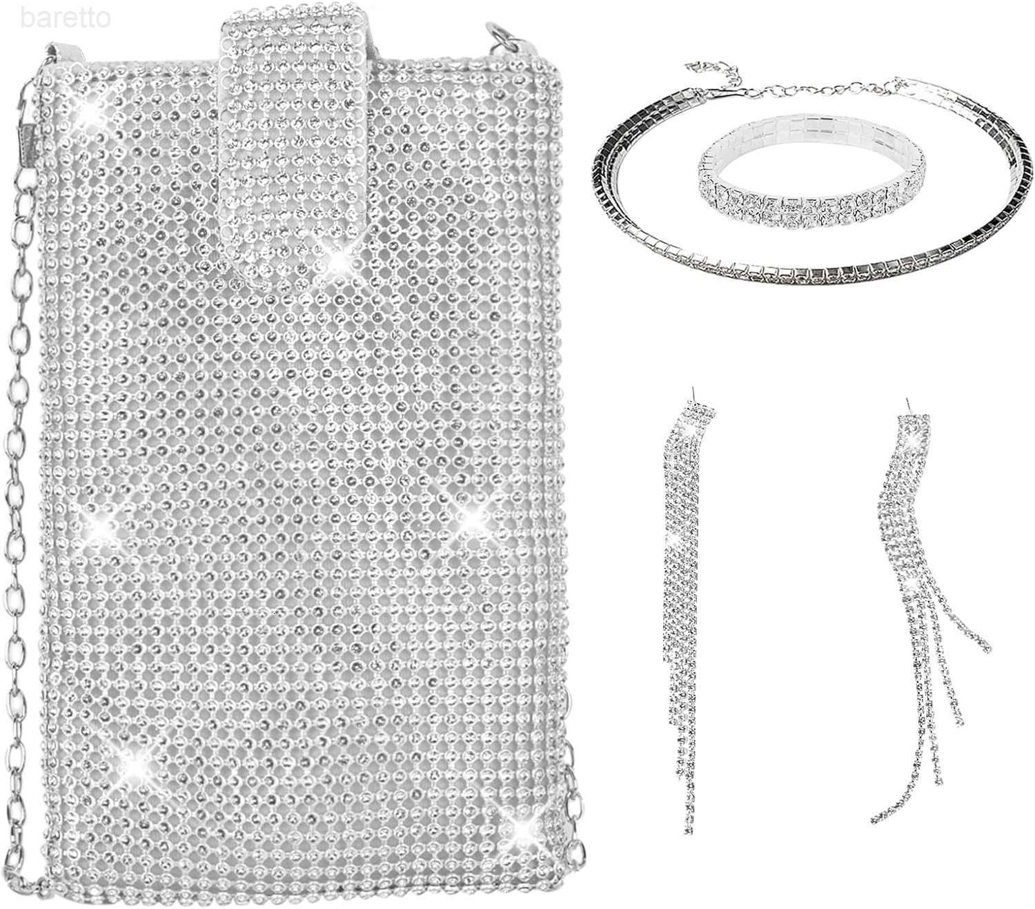 RhinestoneSequin Bucket Bag with Jewelry Set Women Silver Bling Evening Handbag Glitter Diamond Cell Phone Purse Z251017