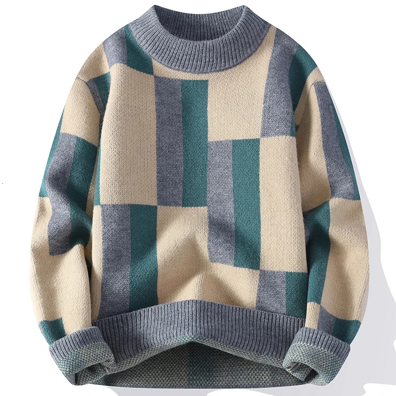 Autumn Winter Mens Mock Neck Knit Sweater Fashion Plaid Knitted Pullovers Men Youthful Vitality Casual Loose Warm Y2K Sweaters 251017