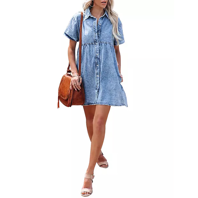 G1017Hot selling European and American washed denim lapel loose sweet ruffle dress short skirt