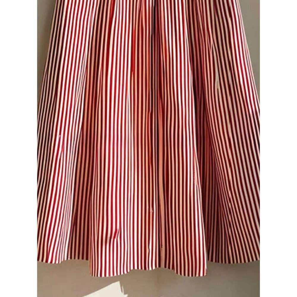 French Elegance Red Striped Design Chic High-waist Big Swing Mid-length Skirt Women Spring Autumn Basics A-line Skirts