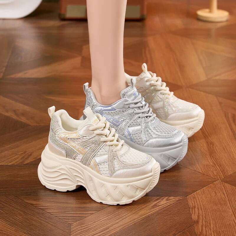 AUTUSPIN 2025 Winter for Woman 9.5cm High Chunky Sneakers Trendy Shiny Crystal Sneaker Mesh Women's Vulcanize Shoes