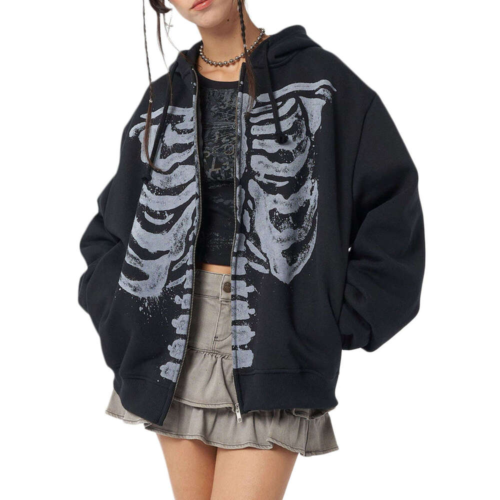 Women Y2k Spring Autumn Casual Hooded Coat Black Long Sleeve Skull Print Zipper Hoodie
