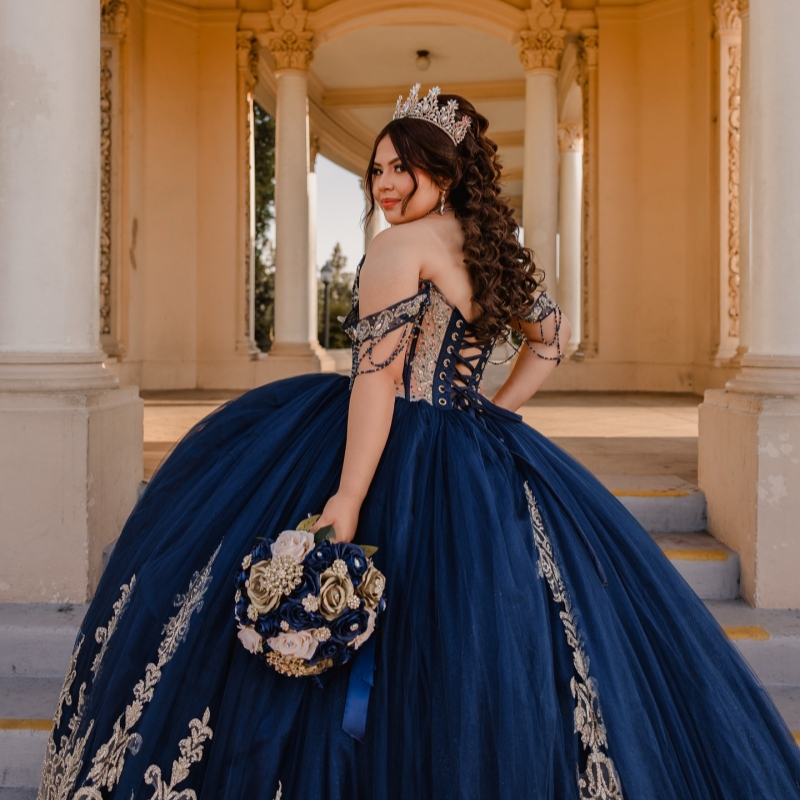 Navy Blue Shiny Quinceanera Dresses Off The Shoulder Applique Beading Crystal Tull Party Birthday Sweet 16 Dres Vestidos 15 De Anos